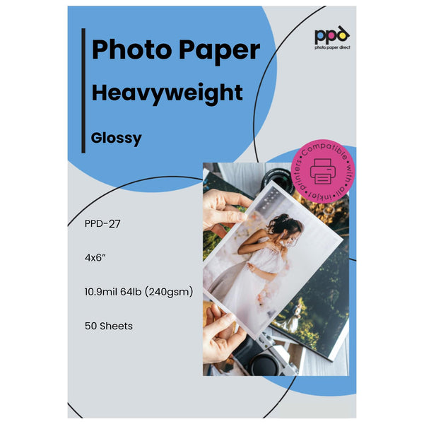 PPD 4X6 High Gloss Photo Paper for Inkjet 64Lbs 240Gsm 10.9Mil Heavyweight Instant Dry and Water-Resistant X 50 Sheets (PPD-27-50)