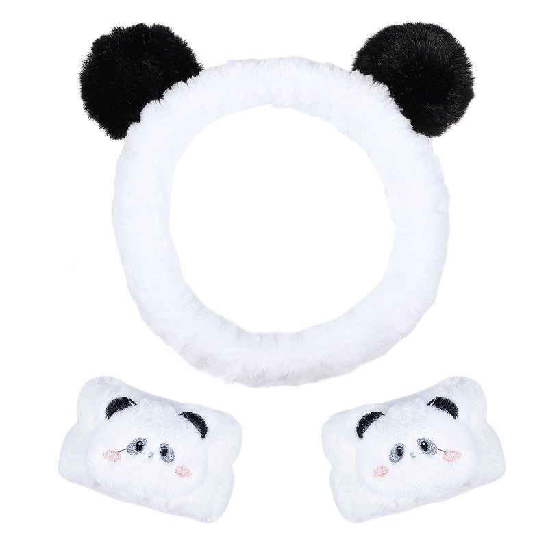 Pom Pom Panda Ears Plush Wash Face Headband Spa Wrist Band Cuffs Hair Scrunchy Women Girls Facial Makeup Skincare Bath Head Wrap Kids Costume