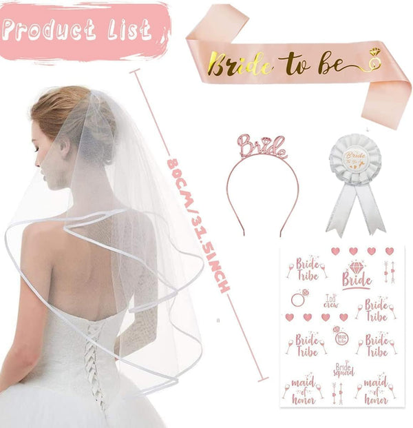 Lecone Bridal Shower Decoration, 5 Pieces Bride to Be Sash and Veil Bride Headband Tiara Garter Bridal Shower Decor Wedding Veil Set Bachelorette