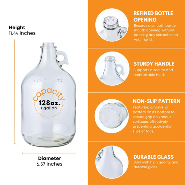 FastRack Glass Water Bottle Includes 38 mm Metal Screw Cap, 1 gallon Capacity, Clear (MN-TF9E-S1RA) 1pack 1 Gallon Growler