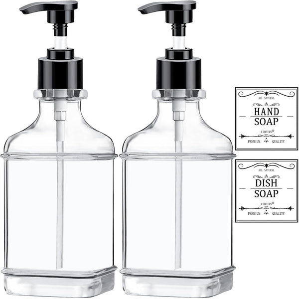 Clear Soap Dispenser with Pump, Waterproof Labels (2 Pack,18 Oz), Plastic Hand Soap Dispenser, Dish Soap Dispenser for Kitchen and Bathroom, Soap