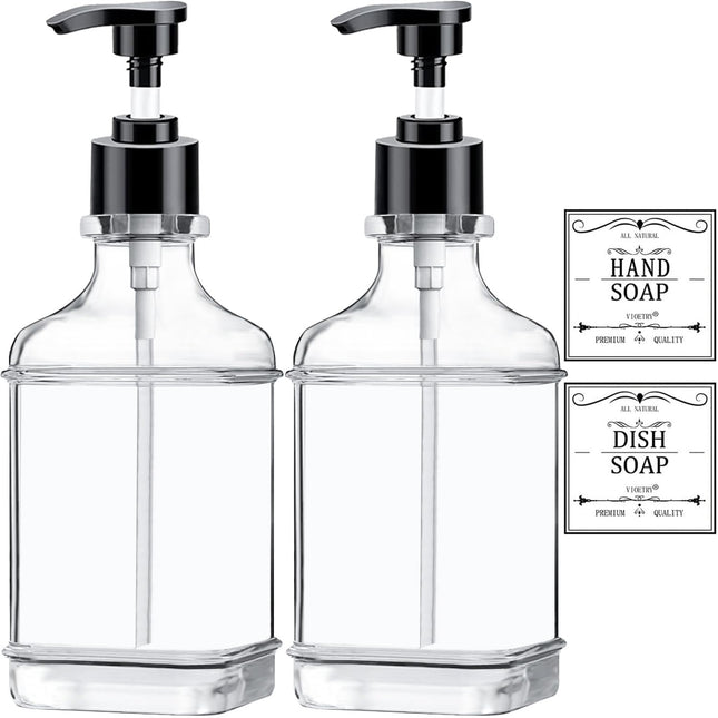 Clear Soap Dispenser with Pump, Waterproof Labels (2 Pack,18 Oz), Plastic Hand Soap Dispenser, Dish Soap Dispenser for K