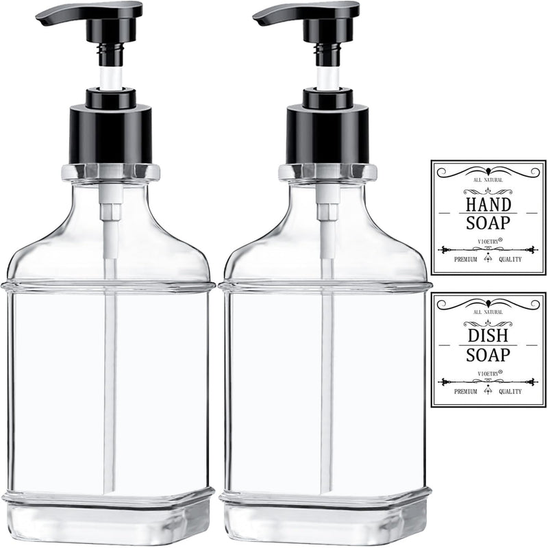 Clear Soap Dispenser with Pump, Waterproof Labels (2 Pack,18 Oz), Plastic Hand Soap Dispenser, Dish Soap Dispenser for Kitchen and Bathroom, Soap