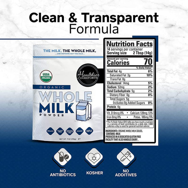 Healthier Comforts Organic Whole Milk Powder | Certified USDA Organic Powdered Milk | Kosher, Gluten Free, Non-Gmo Dry Milk Powder Whole Milk |