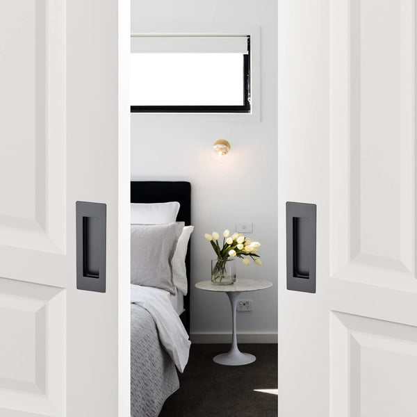 Ravinte 4 Pack Black Sliding Closet Door Handles Black Flush Pulls 4.72In Length Recessed Finger Pulls for Sliding Barn Door Sqaure Cabinet Pulls