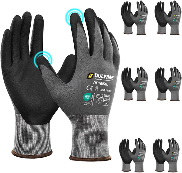 DULFINE Safety Work Gloves Microfoam Nitrile Coated-6 Pairs Pack,Seamless Knit Nylon Glove with Black Micro-Foam Nitrile Grip,Ideal for General