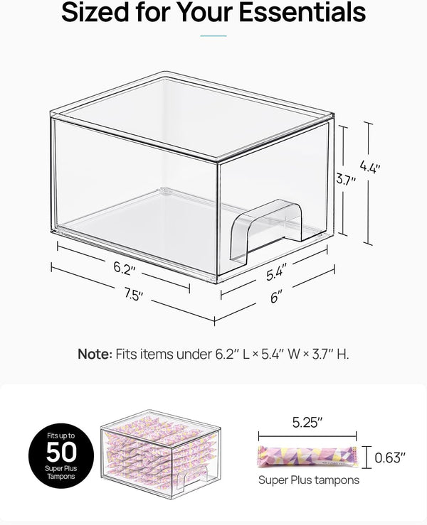 Vtopmart 4 Pack Clear Stackable Storage Drawers, 4.4'' Tall Acrylic Bathroom Makeup Organizer,Plastic Storage Bins for Vanity, Undersink, Kitchen