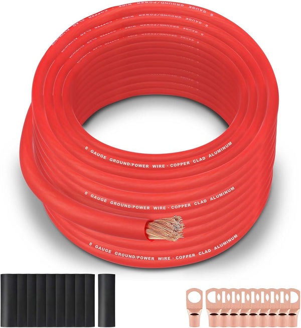 8 Gauge Wire (50FT Black) SGANGCAR True Spec Power Ground Wire Cable with 10 Lugs, 10 Heat Shrink Wrap,Copper Clad Aluminum Cca,For