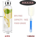 Clear Glass Bottles with Lids 6Pcs Set 18Oz,Reusable Glass Water Bottle with Stainless Steel Cap, 100% Leak Proof,Can Be Used for Fruit Juice,