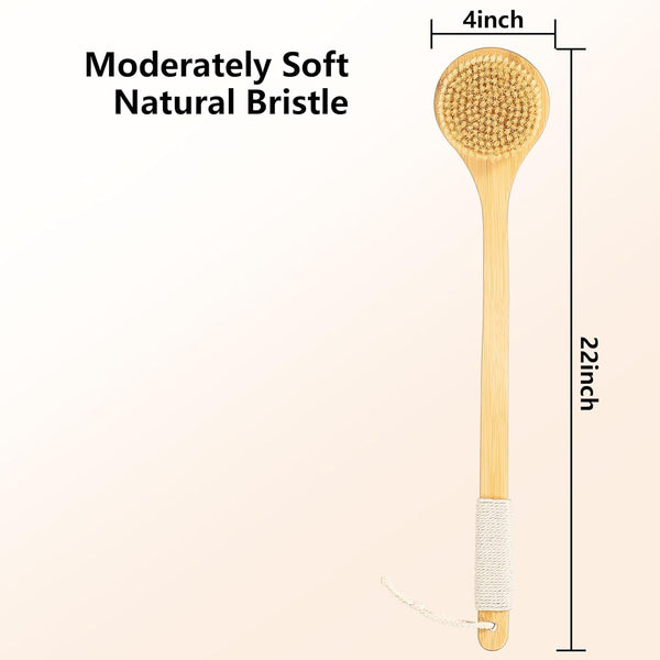 Body Brush Back Scrubber,18.7 Inch Long Handle Detachable Body Brush with Dual Brushing Heads for Dry Brushing Shower, Bamboo Medium Firm Bristle