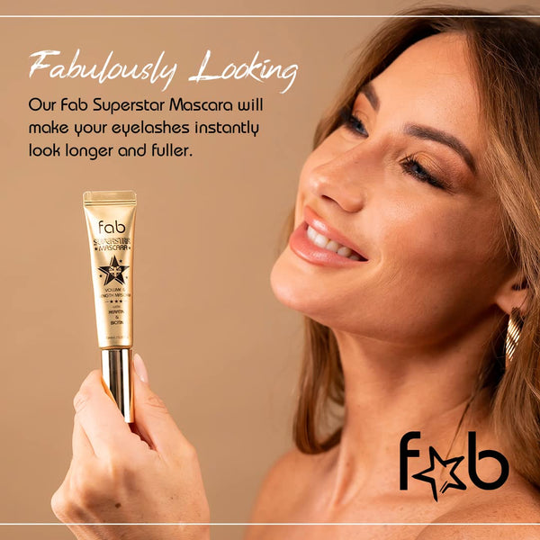 Fab Superstar Mascara: Waterproof Volumizing High Lash Lift Beauty Mascara: Black Liquid Mascarra for Bold Volume and Length - Infused with