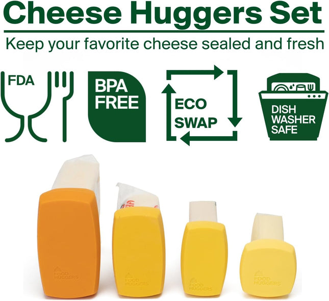 Food Huggers Cheese Huggers Set of 4 Reusable Silicone Savers | Cheese Paper Alternative | Store Cheddar, Swiss, Colby J