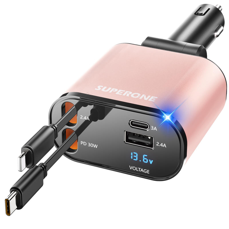 ?Upgraded? SUPERONE Retractable Car Charger 4 in 1, Fast Car Phone Charger with Cord 2.6Ft, USB C Car Charger Adapter, Compatible with Iphone