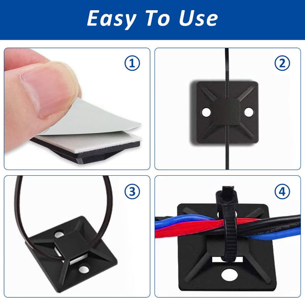 Strong Back-Glue Self Adhesive Cable Zip Tie Mounts Kit - 100 Set Cable Management Clips with 6" Zip Ties, Wire Holders - Outdoor Sticky Wire