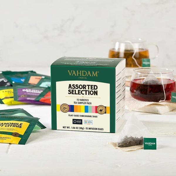 VAHDAM, Assorted Tea Sampler (15 Different Variety in Individually Wrapped Pyramid Tea Bags) Long Leaf Premium Teas I Teas Gift Set I Ideas for