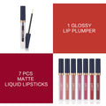 QiBest 7Pcs Matte Liquid Lipstick + 1Pcs Lip Plumper Makeup Set Kit, Pigmented Long Lasting Lip Gloss Set, Velvet Waterproof Halloween Lip Makeup