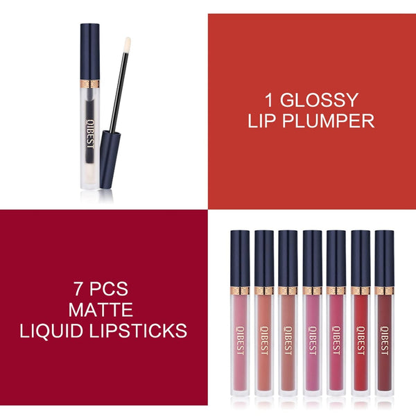 QiBest 7Pcs Matte Liquid Lipstick + 1Pcs Lip Plumper Makeup Set Kit, Pigmented Long Lasting Lip Gloss Set, Velvet Waterproof Halloween Lip Makeup