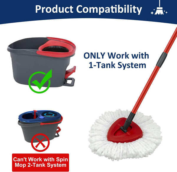 Mop Replace Heads Mop Handle and Mop Base Replacement for O Cedar EasyWring 1-Tank Spin Mop System, 2 Microfiber Mop Head Refills, 4-Section Iron