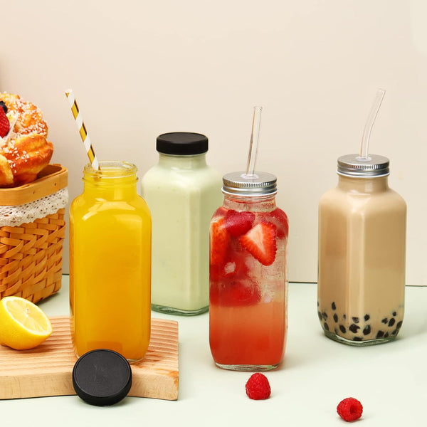 CUCUMI 10Pcs 16Oz Glass Juice Bottles with Lids, Reusable Juice Containers Drinking Jars Water Cups with Brush, Glass Straws, Lids with Hole