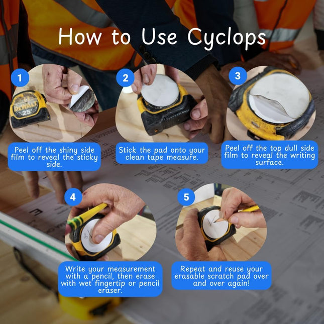 CYCLOPS Erasable Scratch Pads for Tape Measure, Construction, Woodworking Tool - 5 Pads - Write Measurements & Notes - G