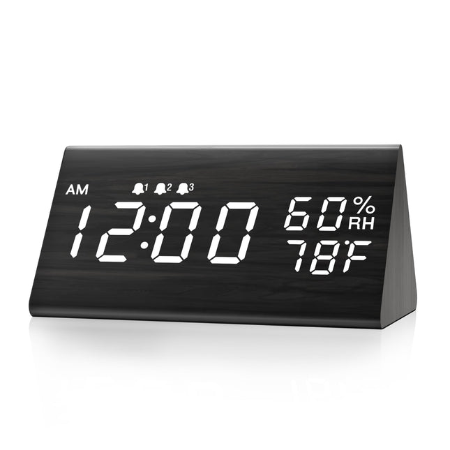 Digital Alarm Clock, with Wooden Electronic LED Time Display, 3 Alarm Settings, Humidity & Temperature Detect, Wood Made