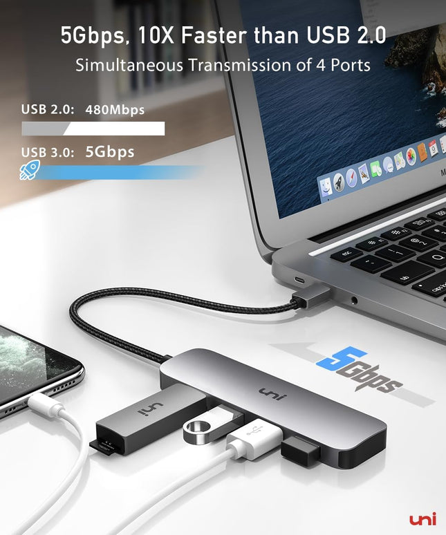 Uni USB C to USB Hub Multiport Adapter, Aluminum 4 Ports USB C Splitter for Laptop, Slim Thunderbolt 3/4 Data USB Hub Co