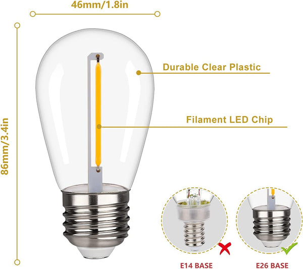 Shatterproof LED String Lights, Waterproof, Warm White 2200K, 70LM, E26 Base - 15 Pack