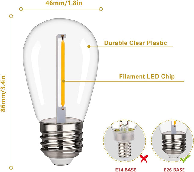 Shatterproof LED String Lights, Waterproof, Warm White 2200K, 70LM, E26 Base - 15 Pack