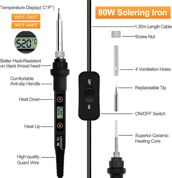 Soldering Iron Kit 80W LCD Adjustable Temperature 180-520? Solder Kit Electronics 13 in 1 Welding Tools with ON/OFF Switch, Solder Wire, Flux, 5