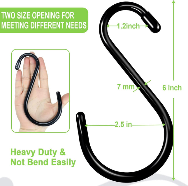 6 Inch Heavy Duty S Hooks, Large S Hook for Hanging Plants, Vinyl Coated S Hook 6 Pack Sturdy Non Slip Black S Hooks for