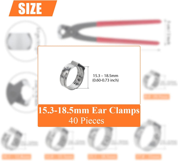 40 Pieces 15.3-18.5Mm 304 Stainless Steel Single Ear Hose Clamps