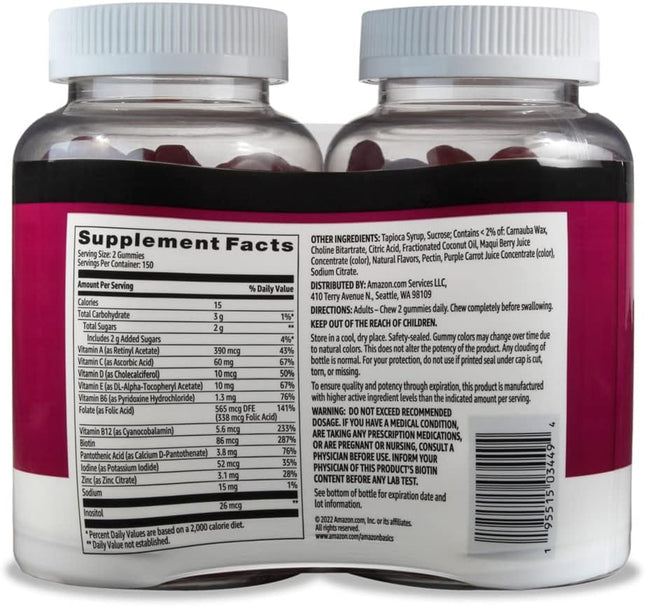 Amazon Basics Adult Multivitamin Gummies, Mixed Berry & Cherry, 150 Gummies, 75-Day Supply, Pack of 2 (Previously Solimo