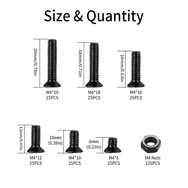 M4 Flat Head Machine Screws and Nuts Kit, 275 Pcs Black Countersunk Head Phillips Screws Bolts Hex Nuts Assortment Kit - M4 X 6Mm/ 10Mm/ 12Mm/