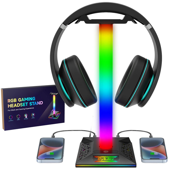Gaming Headphone Stand PC Accessories - RGB Headset Stand with 2 USB and 1 Type-C Ports, LED Headphone Stand Gift for Bo