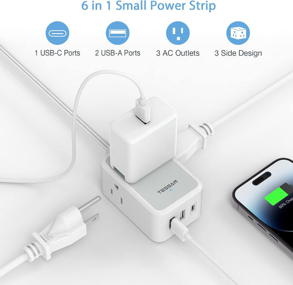 Small Flat Plug Power Strip, TESSAN Ultra Thin Extension Cord with 3 USB Wall Charger (1 USB C), 3 Outlets Mini Charging Station, 5 Ft Slim Plug
