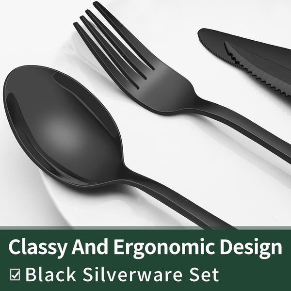 24-Piece Black Silverware Set with Steak Knives, Black Flatware Set for 4, Food-Grade Stainless Steel Tableware Cutlery Set, Mirror Finished