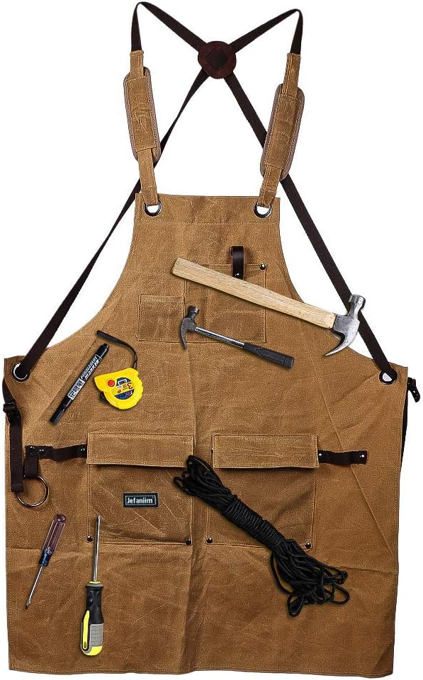 Waxed Canvas Shop Apron for Men & Women.Woodworking Aprons Heavy Duty Work Apron with Pockets. Big Bulk Tool Apron with Adjustable Cross-Back