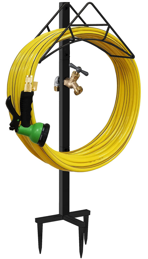 Outdoor Hose Holder Stand with Brass Spigot Faucet - Freestanding Metal Water Pipe Extension Hanger Stake Heavy Duty Storage Organizer for Garden