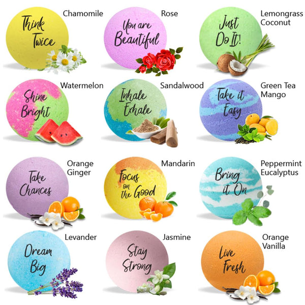 Bath Bombs for Women Relaxing with Inspirational Messages, 12 Natural and Organic Bath Bombs with Essential Oils & Skin Moisturizing Shea Butter.