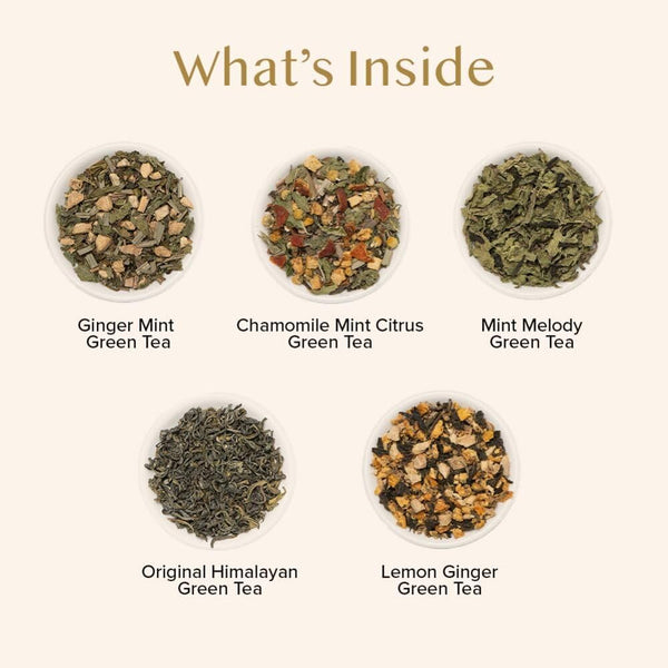 VAHDAM, Assorted Green Tea Bags Sampler (5 Flavors, 20 Ecofriendly Pyramid Tea Bags) I Gift Ideas for Women & Men | Himalayan Green Tea Varieties