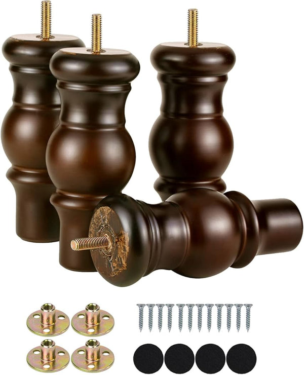Maricome 6 Inch Wood Sofa Legs Walnut Turned round Bun Wooden Furniture Legs Set of 4