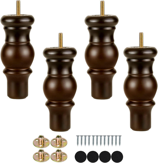 Maricome 6 Inch Wood Sofa Legs Walnut Turned round Bun Wooden Furniture Legs Set of 4