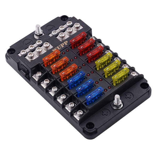 WUPP Boat Marine Fuse Block Panel with LED Warning Indicator Damp-Proof Cover - 12 Circuits with Negative Bus Fuse Box Holder Screw for Car Marine