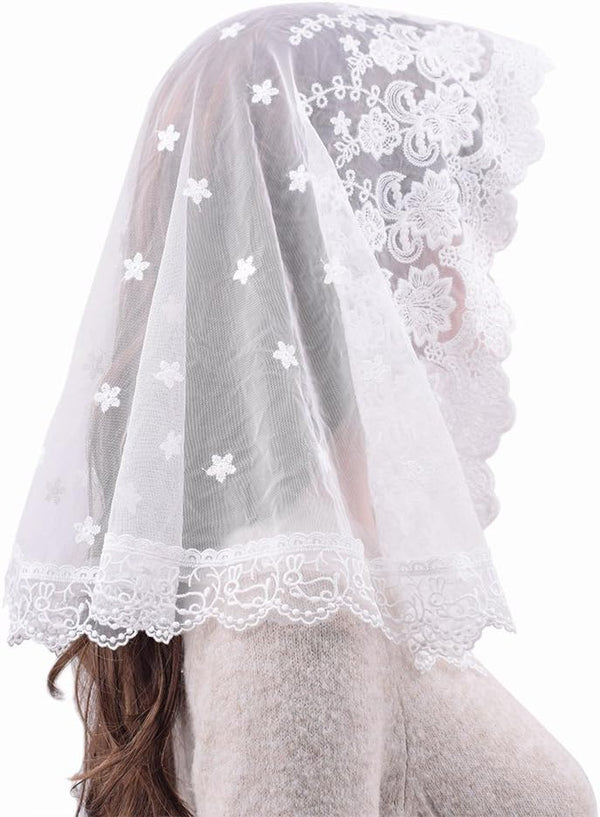 TREORSI White Veil Lace Mantilla Catholic Church Chapel Veil Head Covering Latin Mass