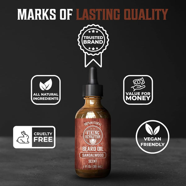 Viking Revolution Sandalwood Beard Oil for Men - Natural Mens Beard Oil with Argan Oil and Jojoba Oil - Beard Softener, Strengthens and