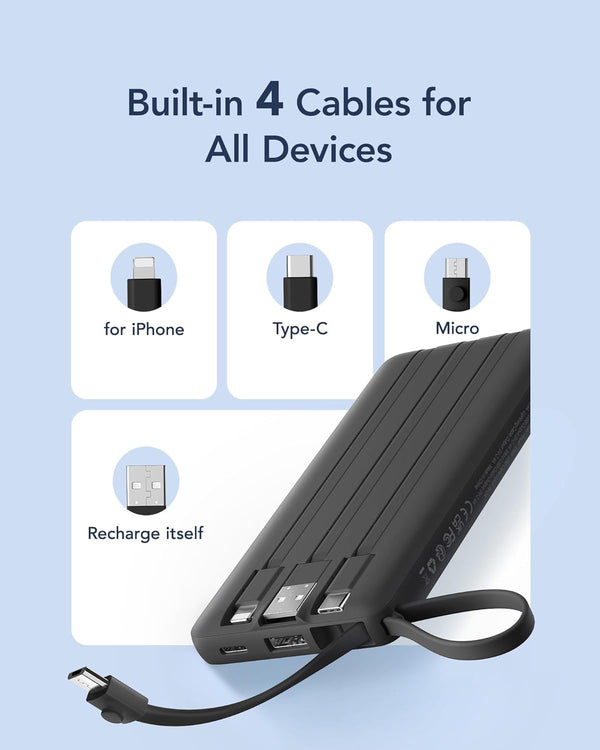 VRURC Portable Charger with Built in Cables, 10000Mah Travel Essentials Power Bank, 5 Output 2 Input LED Display External Battery Pack Compatible