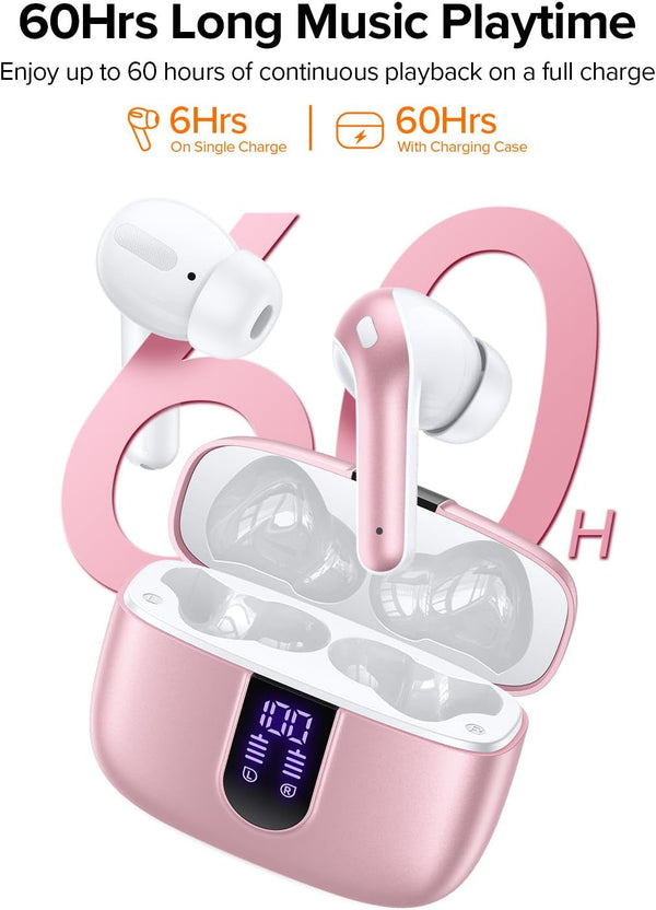 TAGRY Bluetooth Headphones True Wireless Earbuds 60H Playback LED Power Display Earphones with Wireless Charging Case IPX5 Waterproof in-Ear Ear