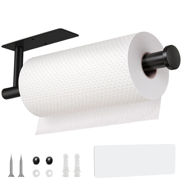 Paper Towel Holder under Cabinet Wall Mount,Self Adhesive and Drilling Paper Towel Holders,Sus304 Stainless Steel Paper Towel Roll Rack,Black