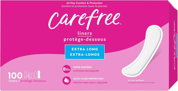Carefree Panty Liners for Women, Extra Long, Unwrapped, Unscented, 100Ct |Pantiliners, Carefree Liners, Daily Liners for Women, Light Periods and