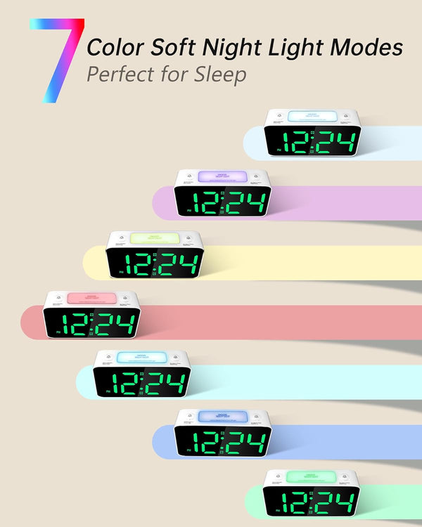 RGB Digital Mirror Alarm Clock, 15 Dynamic Color & 7" Large Screen, 7-Color Night Light, 2 USB Charger, 2 Loud Alarm,4 Dimmable Level,Battery